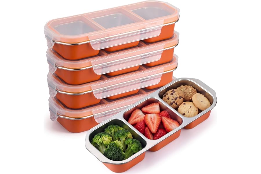 FoldTier 4 Pack Stainless Steel Snack Container for Adults 3-compartment Leak-proof Lunch Box for Work, Travel 10.6 x 4.1 x 2 Inch Stackable Reusable Metal Bento Box (Dark Orange)
