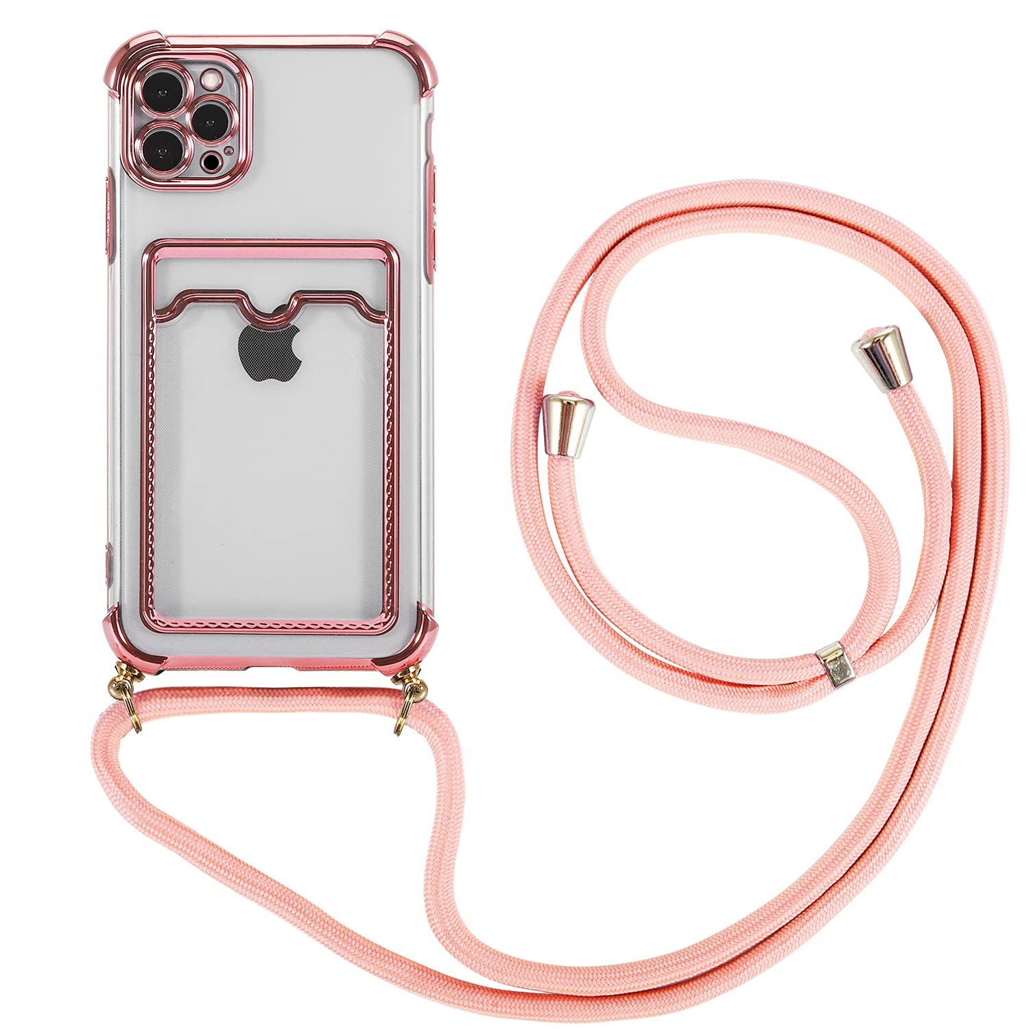 xinyunew Lanyard Case for iphone 12 Pro,Adjustable Crossbody Lanyard Strap, Premium PU with Card Holder,Waterproof Protective Back Cover for iphone 12 Pro 6.1 inch, Pink