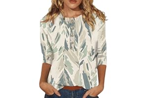 AMOBER Women's 2024 Summer Henley V Neck Button Up Tunic Ladies Loose Fit Tops Flowy 3/4 Sleeve Basic Blouse Tops