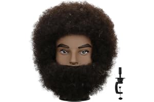 Sirydtm Afro Kinky Curly Human Hair Mannequin Head with Beard - 100% Real Hair for Braiding Practice, Cornrow, Styling, Cutting & Coloring - Professional Cosmetology Training Head for Salon & Student