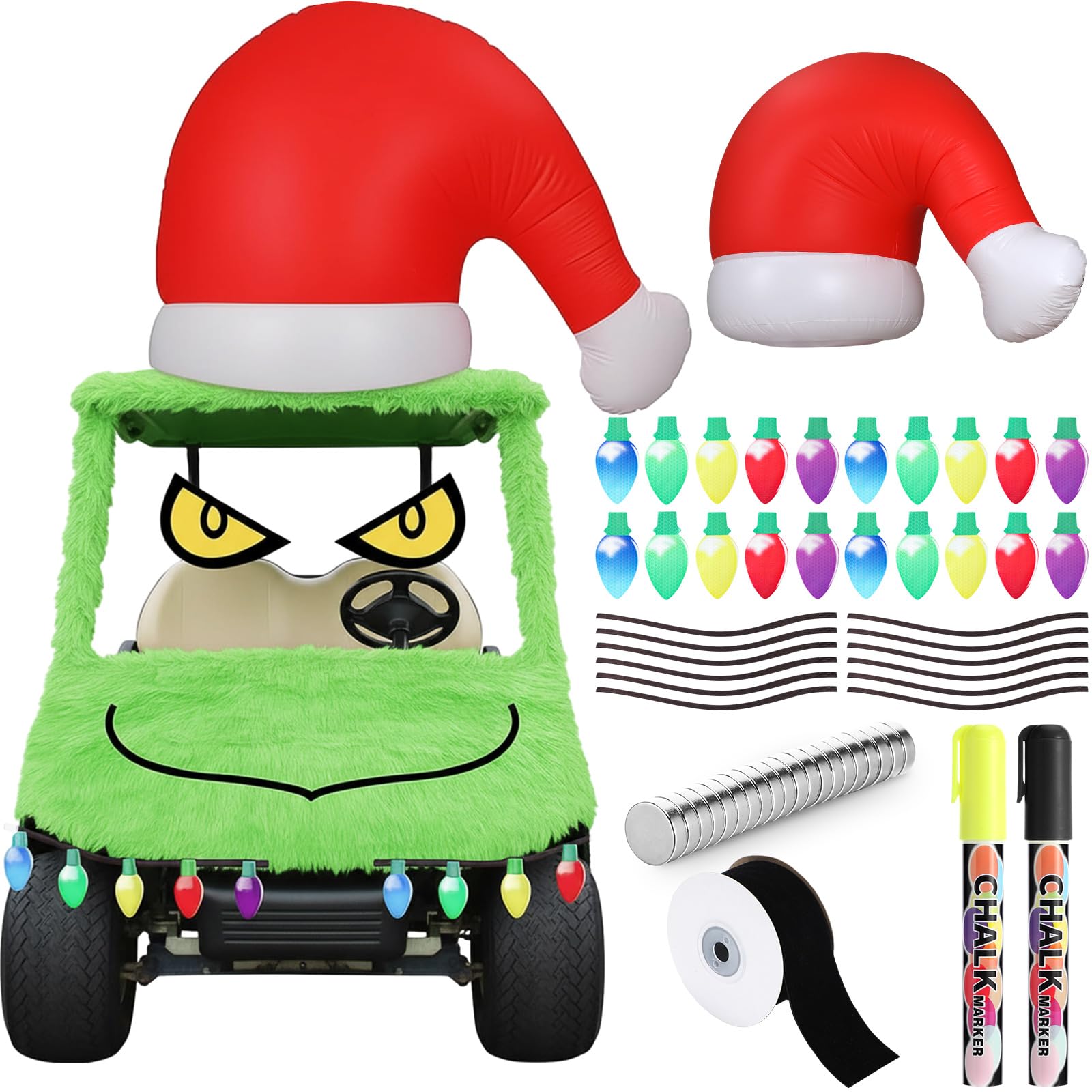 Photo 1 of ***(MISSING PARTS)***Yookeer Christmas Golf Cart Decoration Kit Large Inflatable Santa Hat for Car Christmas Golf Cart Accessories Reflective Bulb Light Shaped Magnets Car Covers for Holiday Decorations(Green)