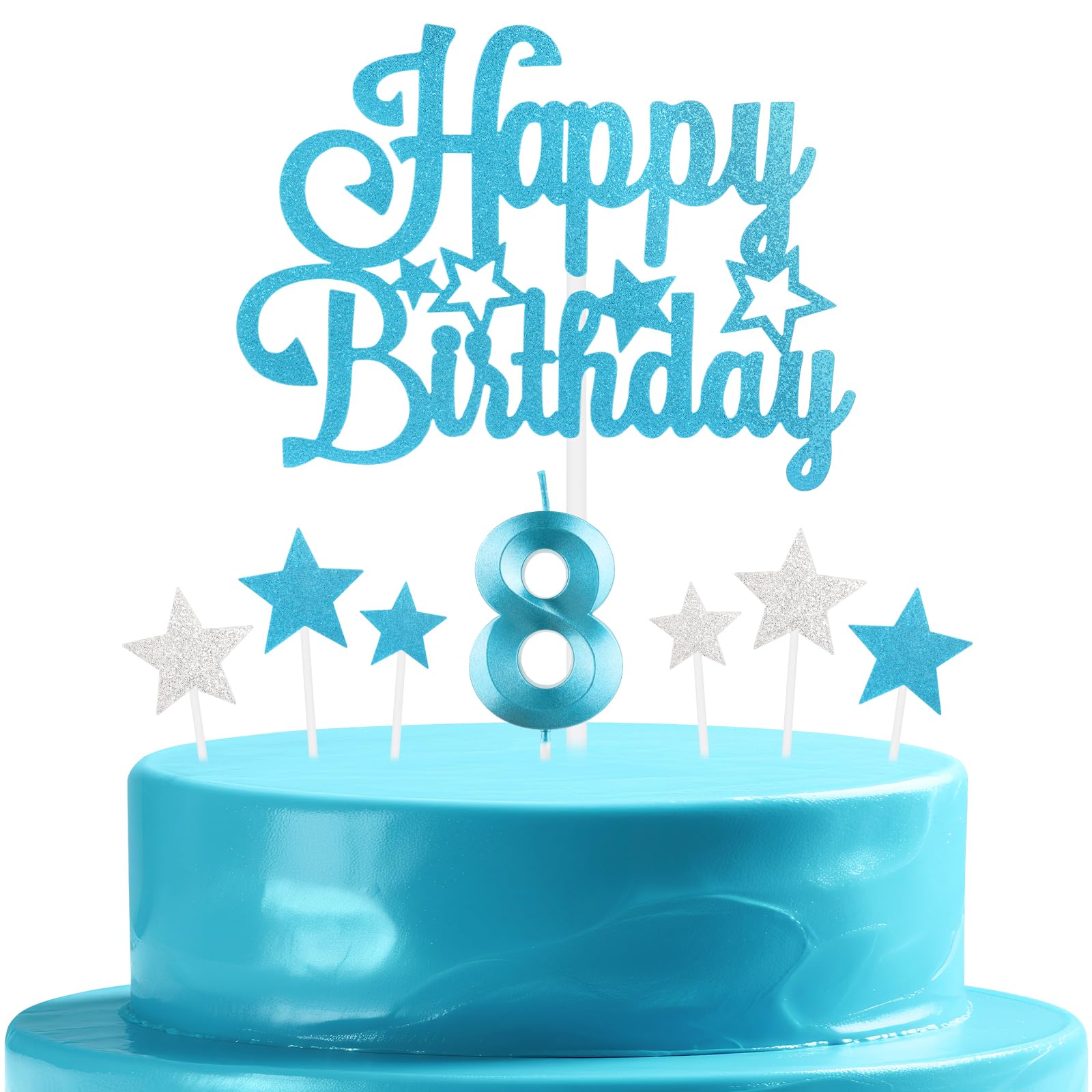 mciskin Blue Birthday Candles Set,Girl Boy 8th Birthday Decorations,Number 8 Candle for Cake,Blue Candles Cake Toppers with Star for Girls Boys Birthday Party Anniversary Decorations