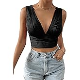 SweatyRocks Women's Solid Deep V Neck Backless Crop Top Sleeveless Slim Fit Textured Tank Top Summer