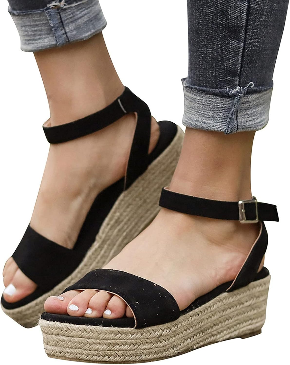 New Womens Ladies Peep Toe Espadrille Ankle Strap Wedge Sandals Summer Shoes | eBay