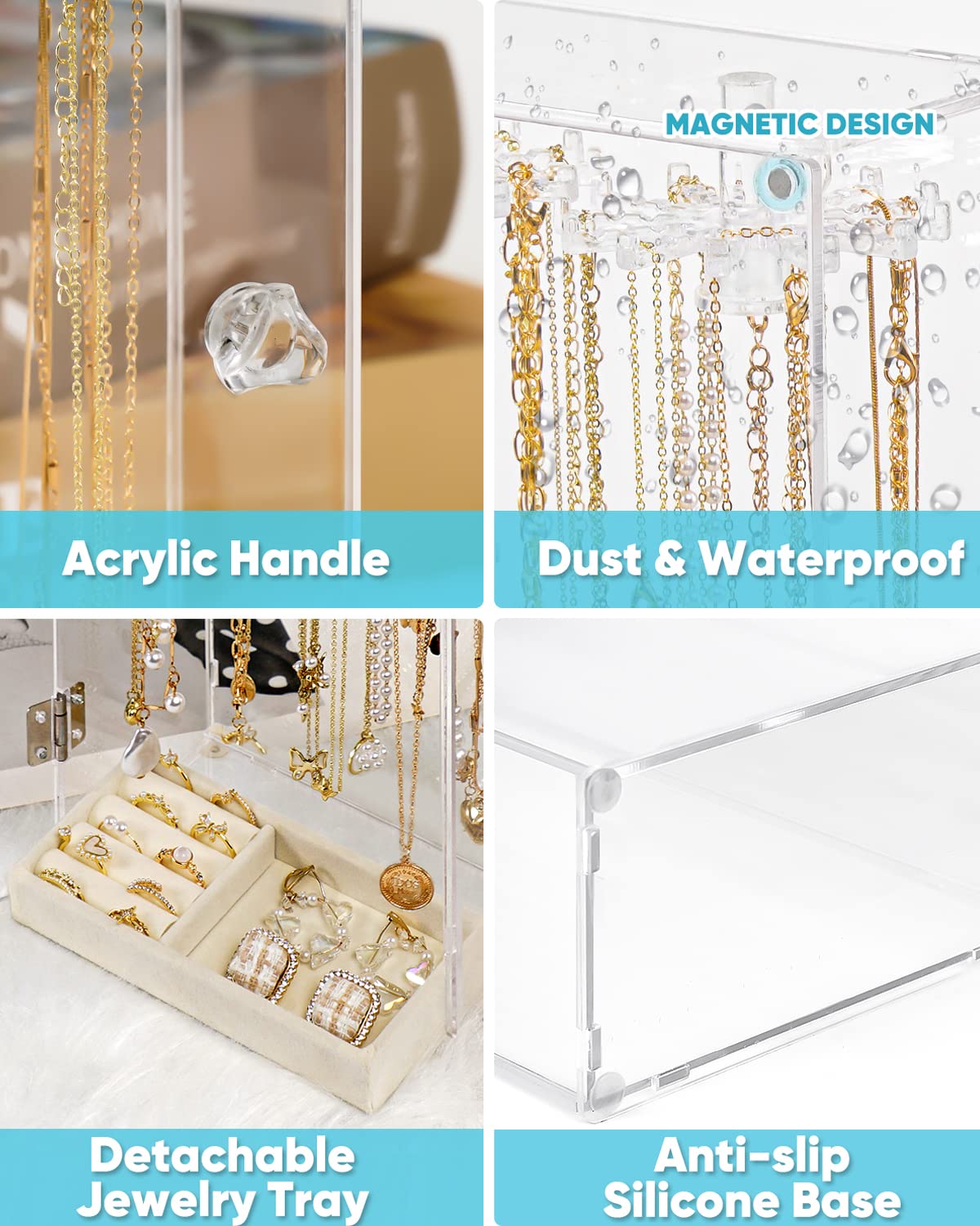 Necklace Holder, Acrylic Necklace Organizer, Rotatable Clear Jewelry Holder Organizer Display Case for Long Necklaces Pendant Bracelets, Jewelry Holder Box with Velvet Tray for Rings Earrings