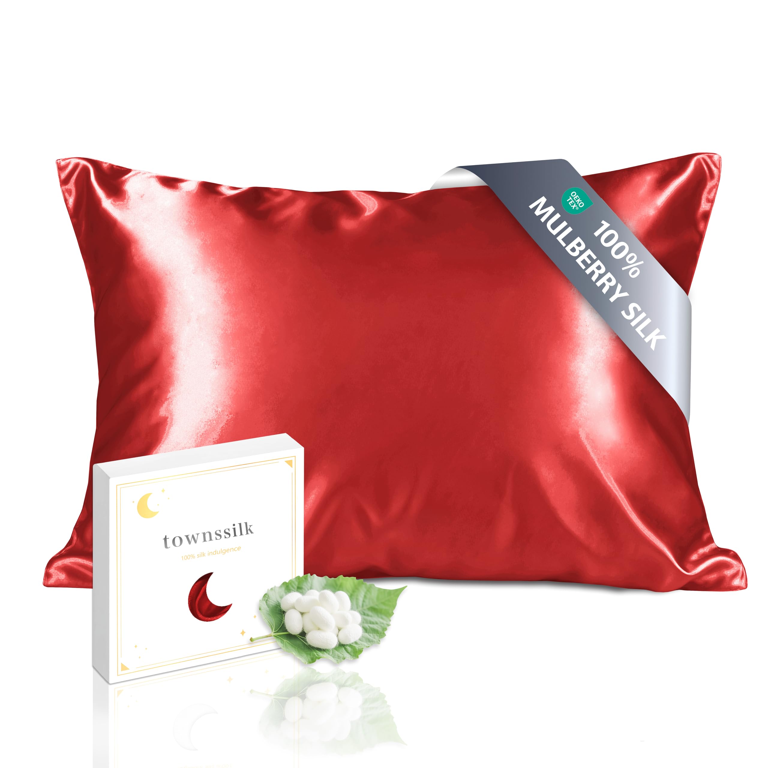 Townssilk Mulberry Silk Pillowcase, Double-Sided, 19 mm, for Hair & Skin Health, Hidden Zip, 40 x 80 cm, Red