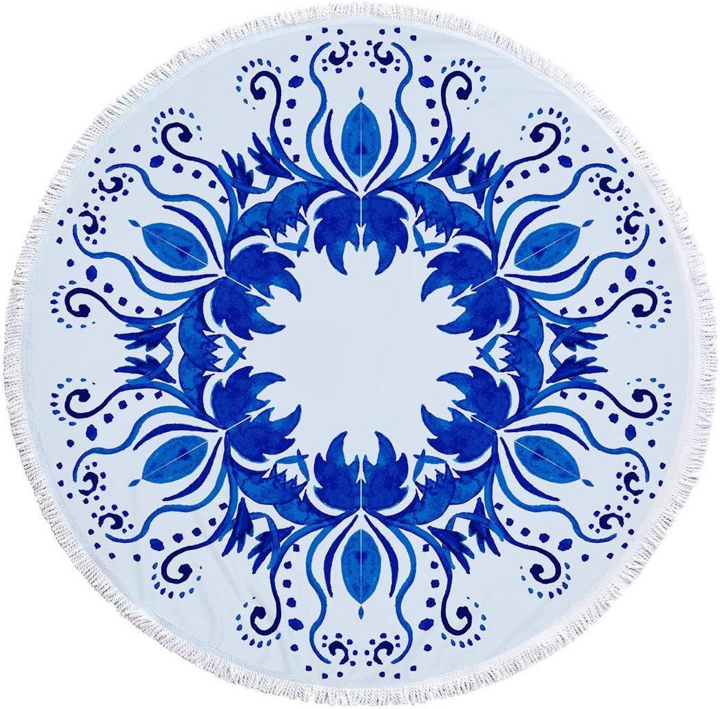 TapTheCamp Round Beach Towel Oversized Thick Blanket,microfiber fabric with cotton tassels fringe, Vintage Blue Mandala print tapestry, quick dry sand proof area rug carpet for yoga camp picnic