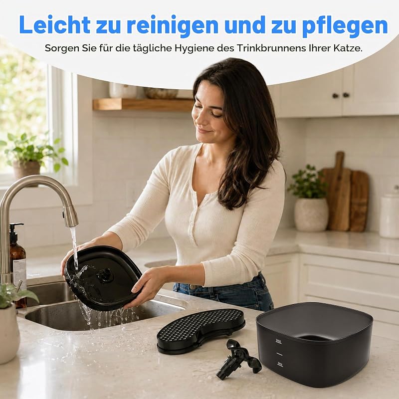 Katzenbrunnen Trinkbrunnen für Katzen und Hunde, 2.2L Automatischer Haustier Wasserbrunnen mit LED-Wasserstandsanzeige, Ultraleise Pumpe und Dreifach-Filtersystem, Bpa-Frei Katzen Tränke, Schwarz — Foto 8 von 8