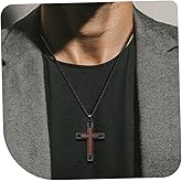 Ropartman Wooden Cross Necklace for Men, Brown Ebony Masculine Mens Cross Necklaces Christian Black Stainless Steel Wood Crucifix Pendant, Includes 24" Box Chain