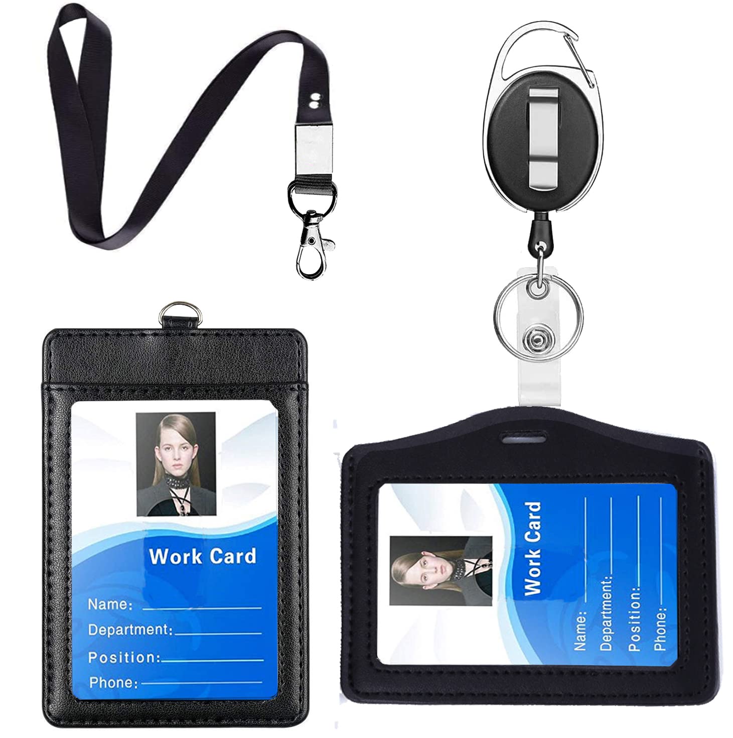 Badge Holder Lanyard Set,Genuine Leather ID Card Holder with Lanyard Retractable, 4 Piece Set Double Sided ID Badge Holder - Black (1 Horizontal & 1 Vertical)