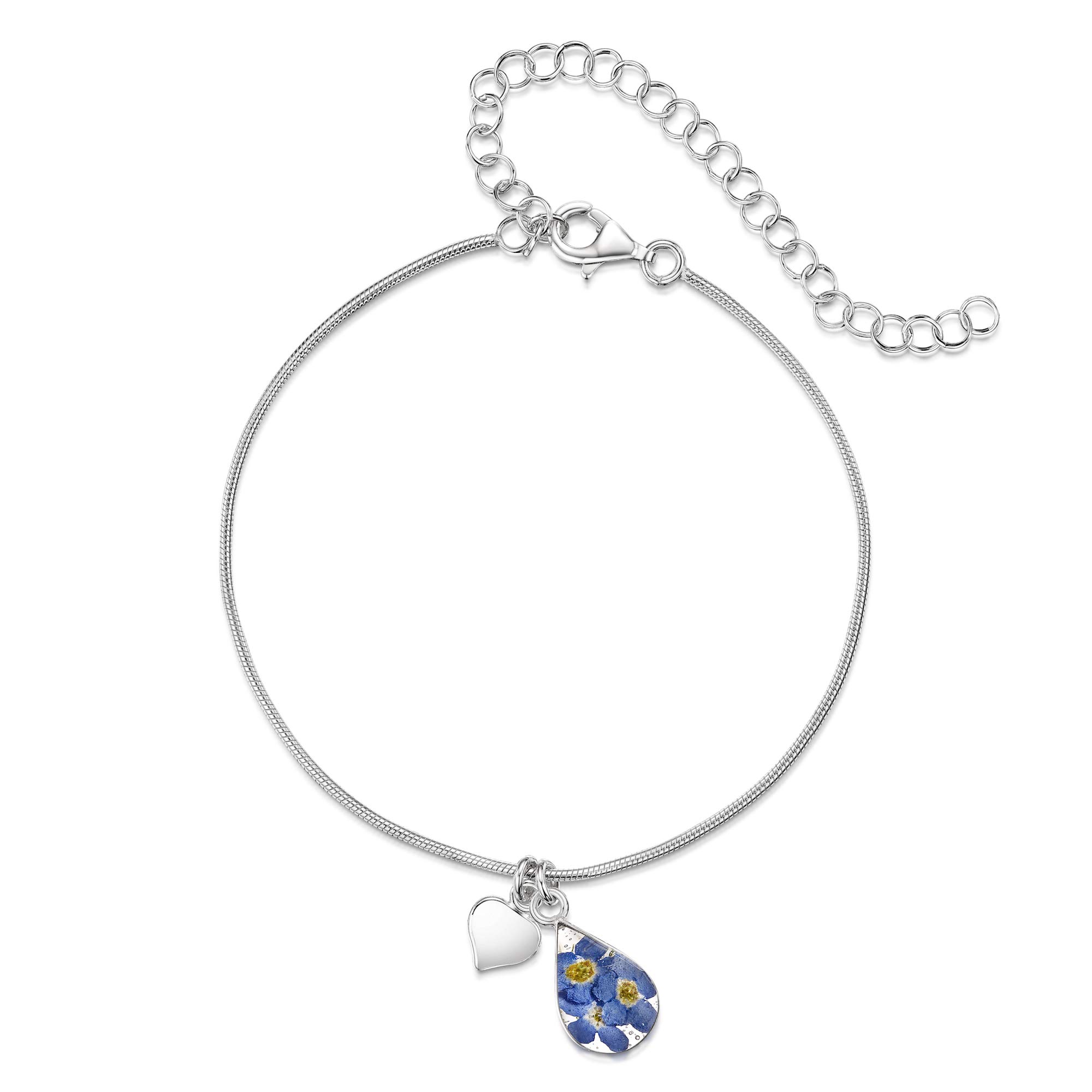 Shrieking Violet 925 Sterling Silver Teardrop Real Flower Snake Chain Anklet Bracelet - Forget-Me-Not (Blue)