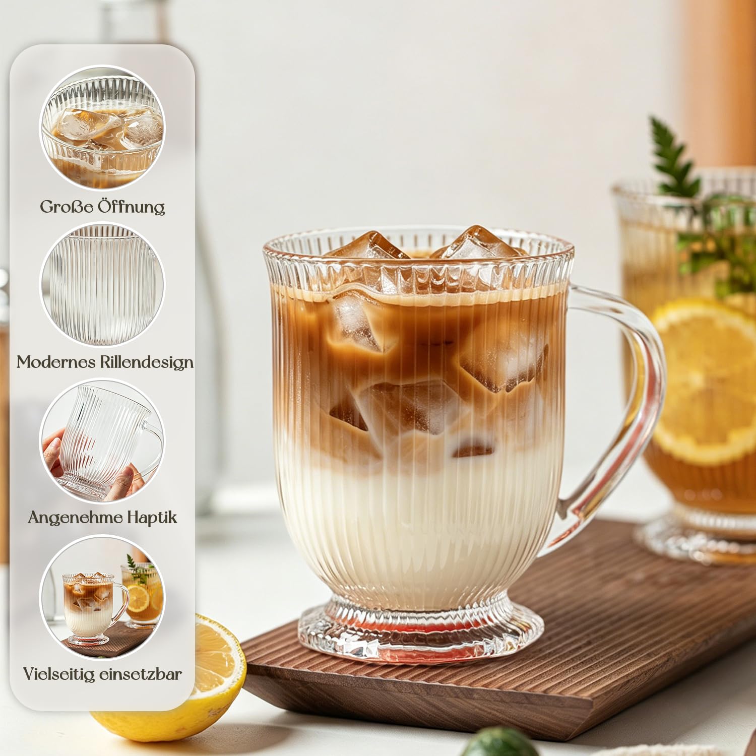 KEMORELA 4er-Set Glas Tassen 480ml mit Henkel, Irische Rillengläser für Heiße & Kalte Getränke, Spülmaschinengeeignet 5