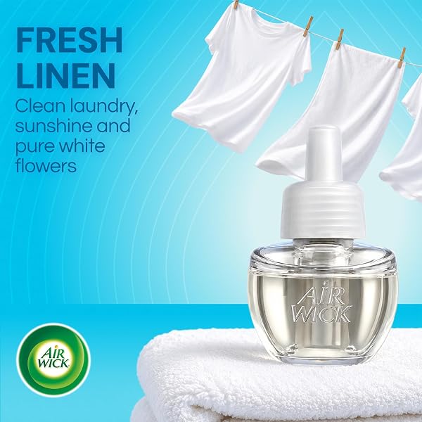 AIR WICK PLUG IN SCENTED OIL STARTER KIT, 2 WARMERS + 6 REFILLS, FRESH LINEN, SAME FAMILIAR SMELL OF FRESH LAUNDRY, ECO FRIENDLY, ESSENTIAL OILS, AIR FRESHENER