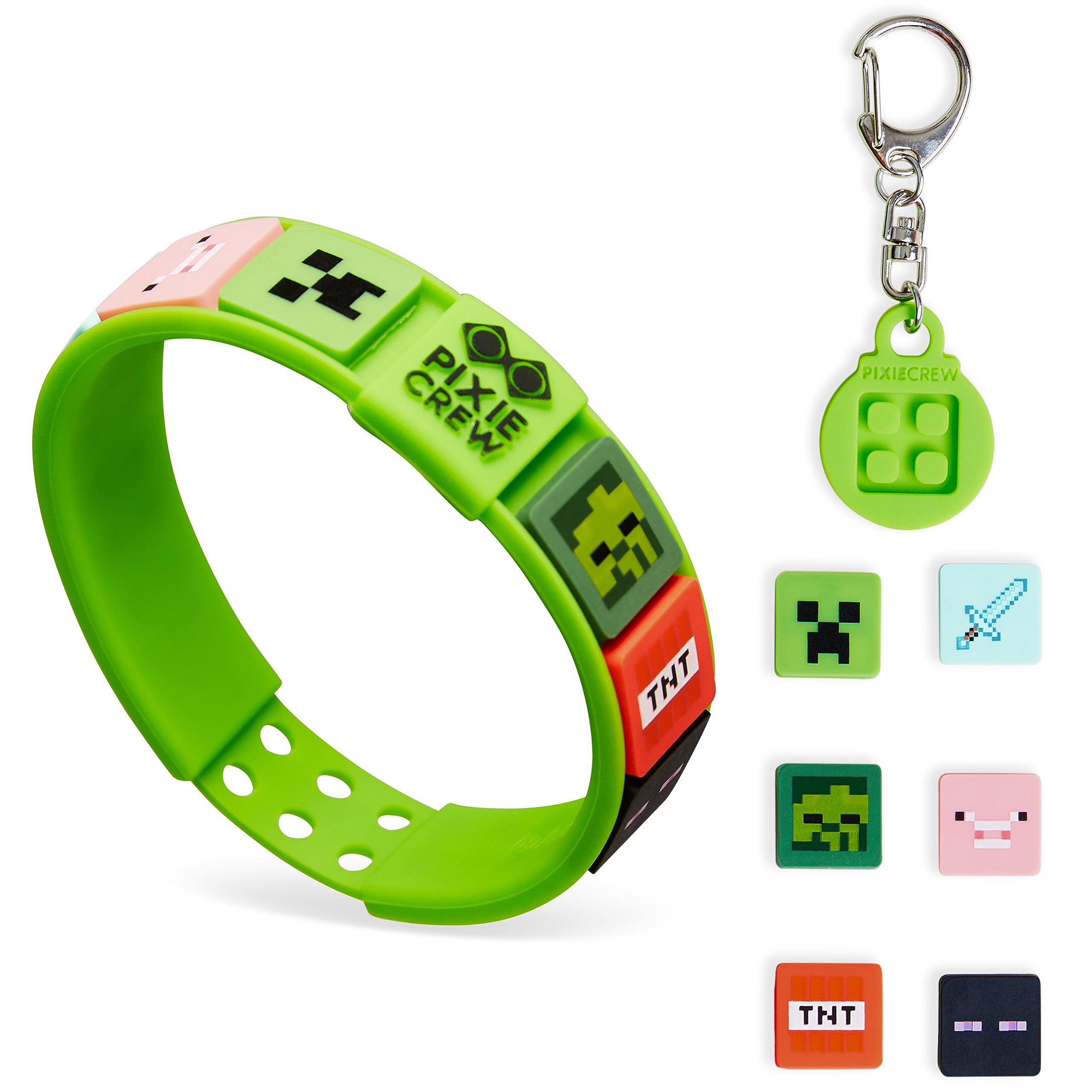 Minecraft Bracelet Kids Keyrings and Silicone Wristband Set - Creeper Key Chain Set of 4, Collectables Gaming Gifts (Green - Wristband and Keyring Set)