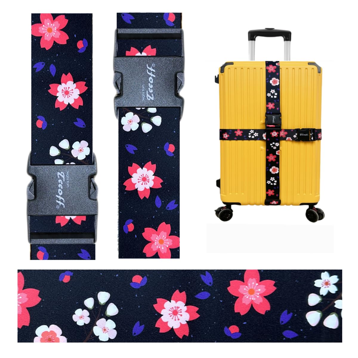 Teeoff Luggage Straps Suitcase Belts Travel Bag Accessories Adjustable 220CM, Sakura Black Red - 2 Pack, ONE_SIZE