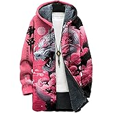 domirica Long Hooded Cardigan Men Japanese Neon Art Graphic Open Front Zip Up Fleece Warm Fall Novelty Lightweight Coat