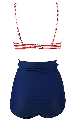 COCOSHIP Red Beige White Stripe Navy Blue High Waisted Bikini