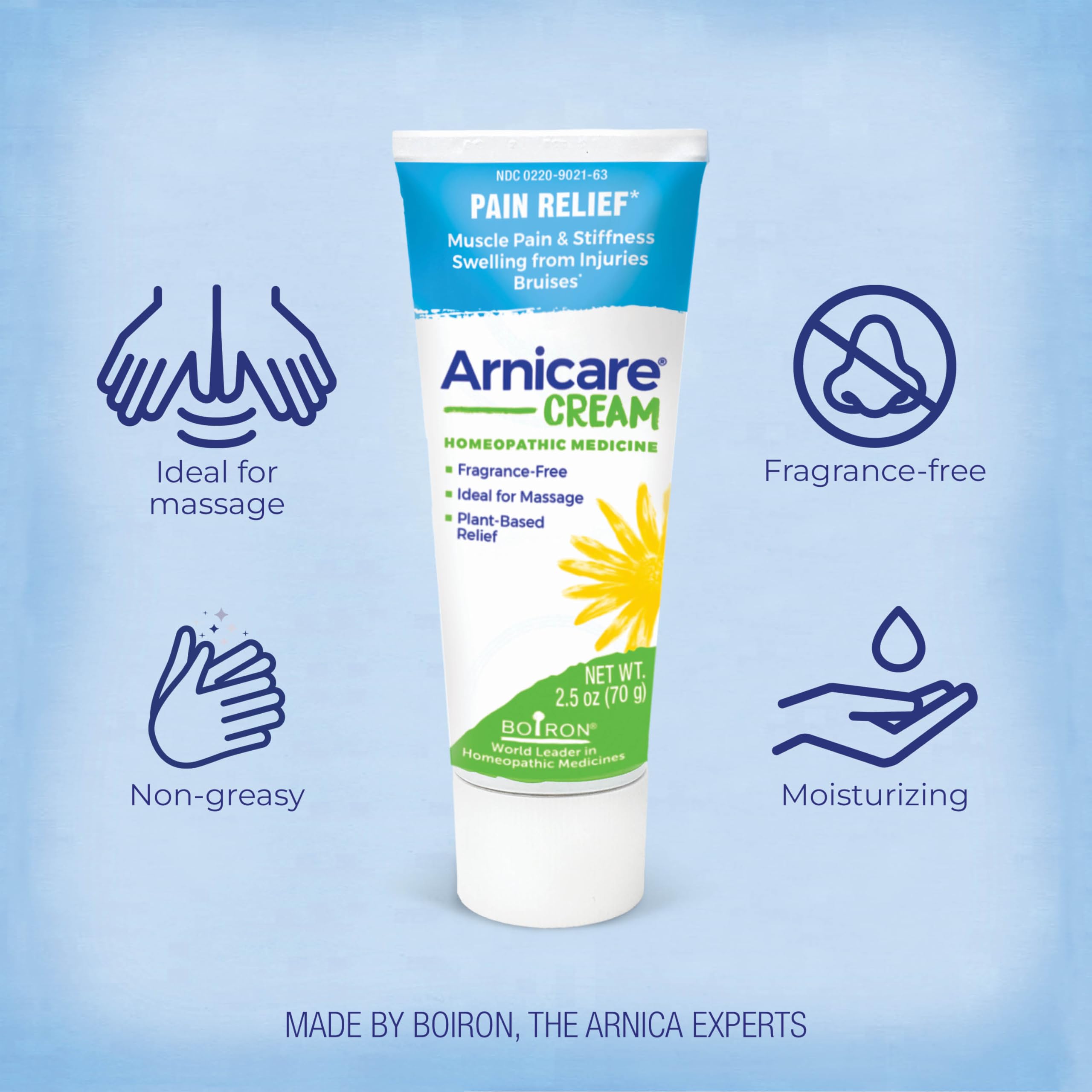 Boiron Arnicare Cream Natural Soothing Relief for Joint Pain, Muscle Pain, Swelling, Soreness, and Stiffness - Fast Absorbing and Fragrance-Free - 2.5 oz
