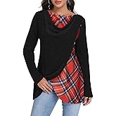 Miusey Women's Cowl Neck Tunic Sweater Long Sleeve Knit Pullover with Plaid Patchwork for Fall Winter Casual & Christmas Wear
