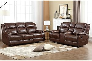 EBELLO Genuine Leather Manual Recliner Sofa Set, Loveseat Reclining Sofa and 3 Seat Recliner Sofa, Couch Furniture Set for Living Room, Meeting Room, Brown(Loveseat+Sofa)