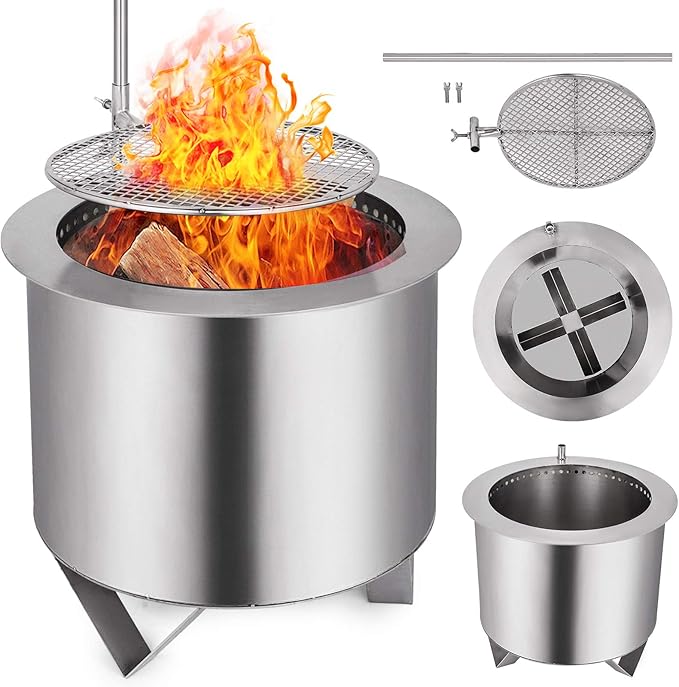 VBENLEM Stainless Steel Wood Burning Fire Pit 20 Inch