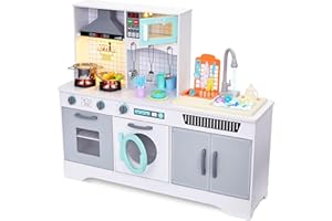 LIL' JUMBL Lil’ Jumbl Kids Wooden Kitchen Set, Pretend Working Sink with Real Running Water, Includes Range Hood, Microwave & Stove Top That Make Realistic Sound & Light, Full Accessory Set Included