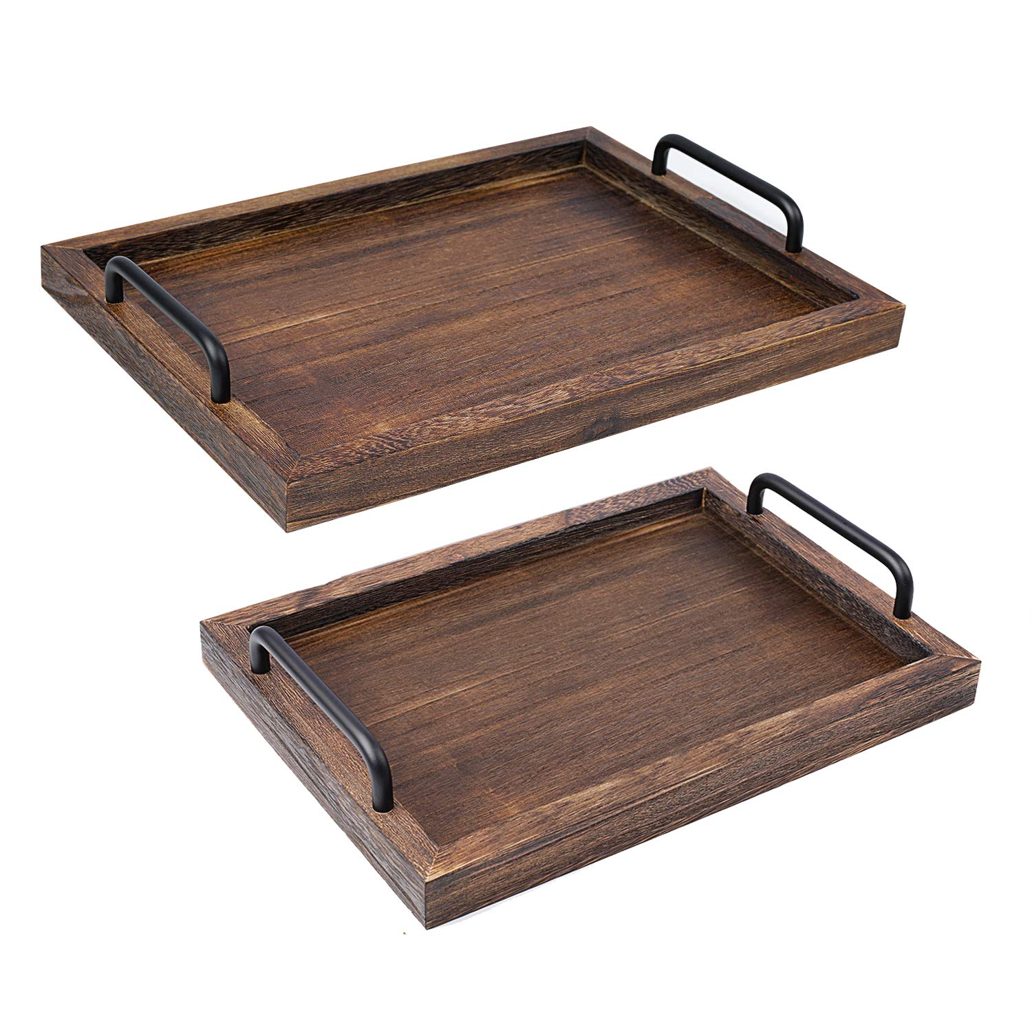 Photo 1 of LIBWYS Rustic Wooden Serving Trays with Handle-Set of 2-Decorative Nesting Food Board Platters for Breakfast, Coffee Table/Butler (Large 15.8x11.8x1.2 inches, Small 13.4x9.4 x1.2 inches)