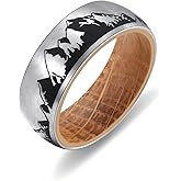 Adreamz 8mm Mountain Camping Hunting Laser Stainless Steel Ring Inlaid Whiskey Barrel Wood Inner Hole Fashion Promise Wedding Band for Men Women Size 9