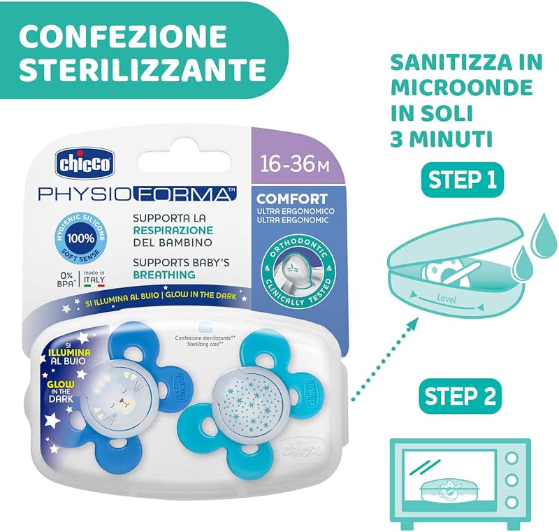 Chicco Physio Comfort Night Bimbo Succhietto di Silicone, 16-36 Mesi, 2 Pezzi, Colori Assortiti