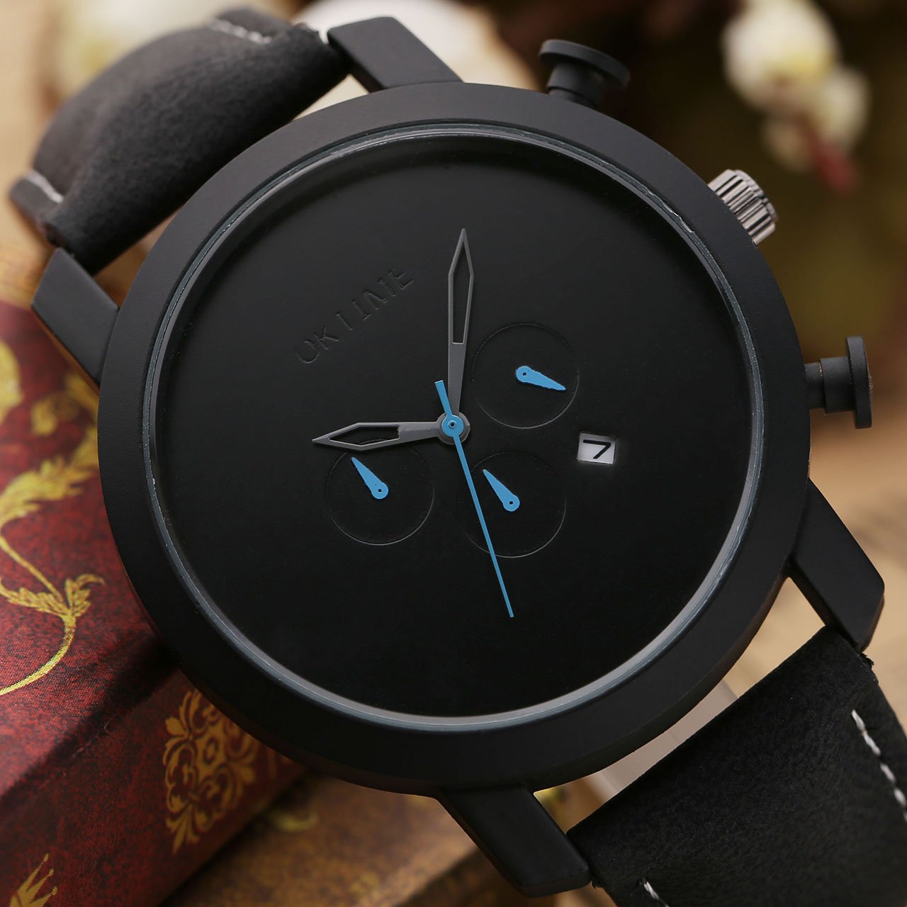 JSDDE Uhren,Sport Armbanduhr DREI unecht Chronograph 3ATM Wasserdicht Kalender Analog Quarz Uhr Echtleder Armband,schwarz