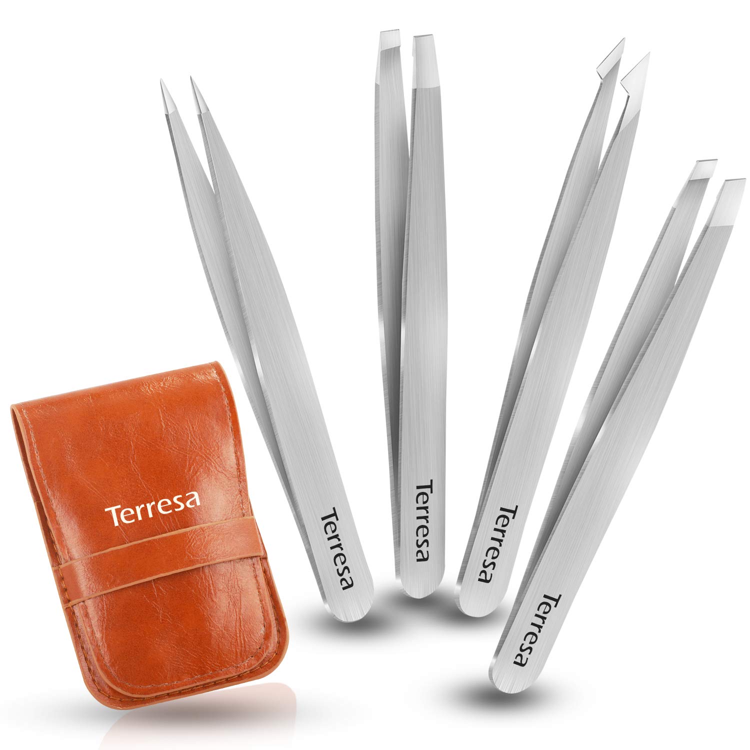 Tweezers Precision for Eyebrows, Terresa 4 Pack Tweezer Set for Ingrown Hair Removal, Professional Brow Remover Tools for Women and Men, Hair Plucking Daily Beauty Tool with Leather Case