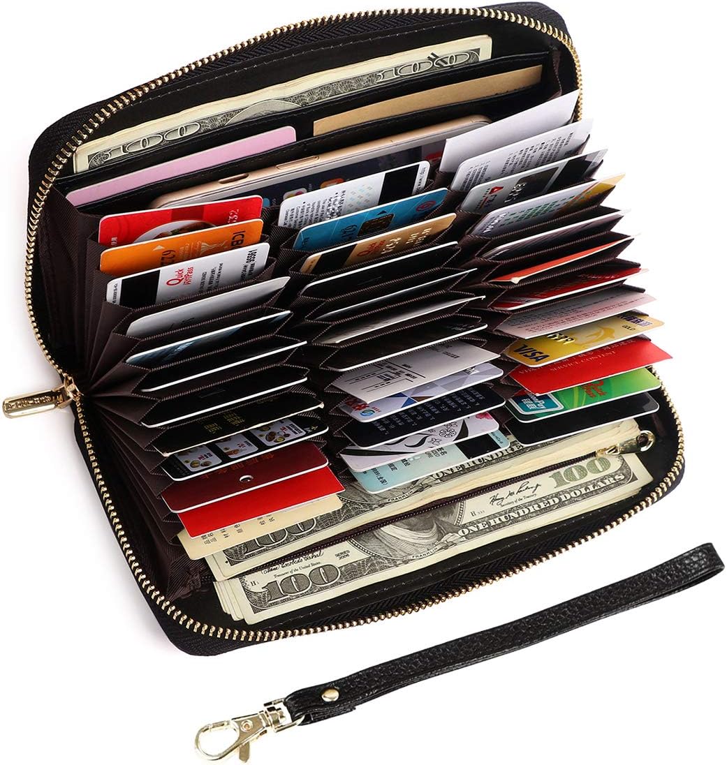 APHISONUK Women RFID Blocking Long Zipper Purse Genuine Leather Card Wallet Ladies Large Capacity Credit Card Holder Stylish Clutch Purse/36 Slots/Black/Gift Box