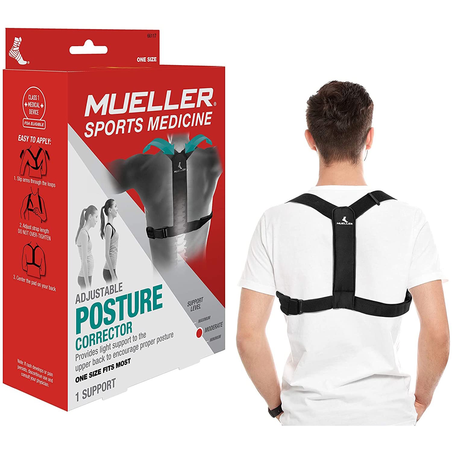 MUELLER Sports Medicine Posture Corrector for Women and Men, Adjustable Back Support for Scoliosis, Kyphosis & Text Neck, One Size, Black