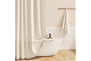 BTTN Extra Long Shower Curtain, 72x84 Inch Long Boho Tassel Linen Fabric Shower Curtain Set with Plastic Hooks, Tall Modern Farmhouse French Country Chic Cloth Shower Curtain for Bathroom, Cream/Beige