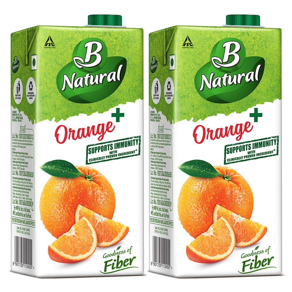 B Natural Orange+ Juice, Supports Immunity, 1L (Pack of 2) Amazon.in