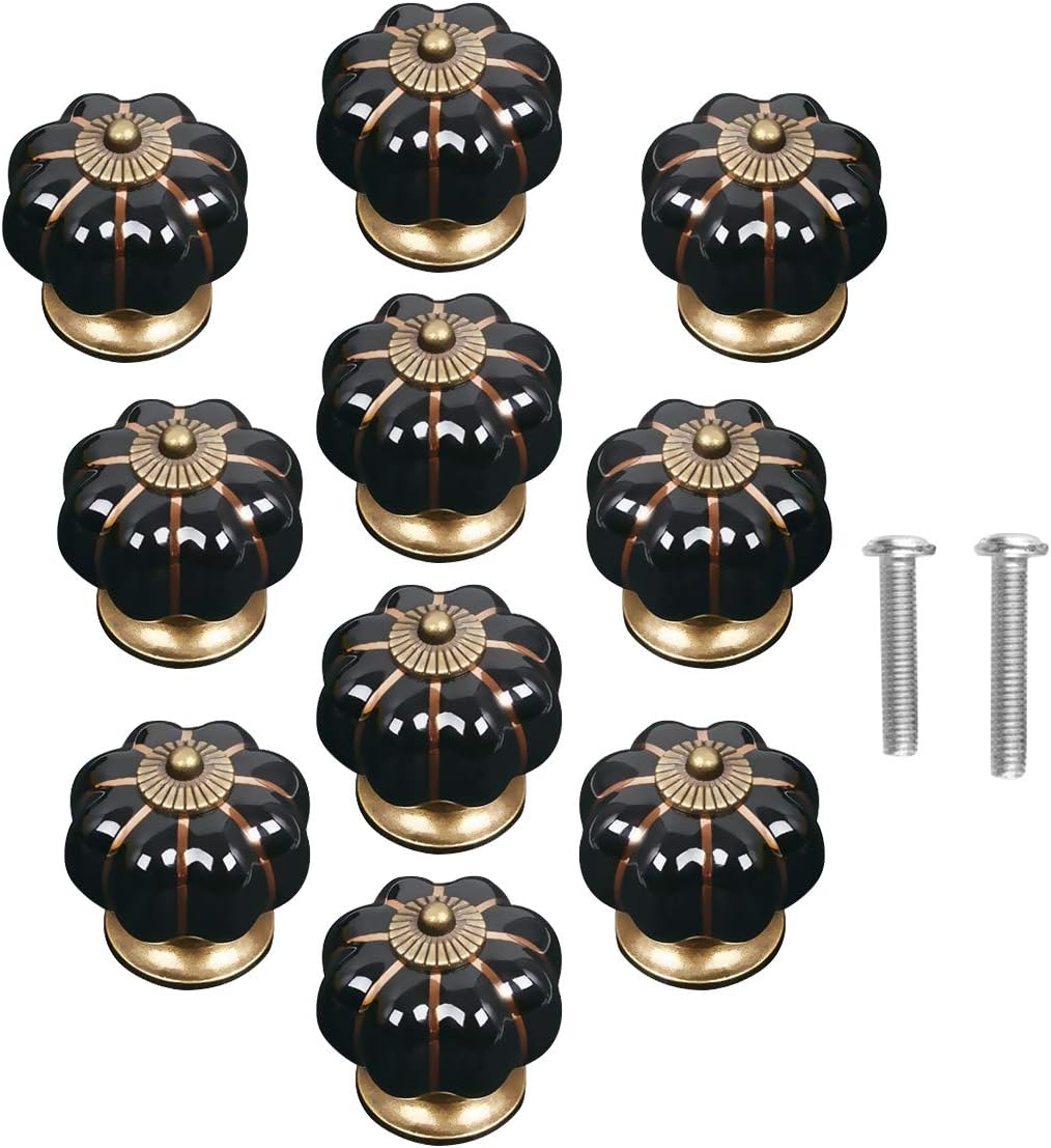 LaCyan 10 x Ceramic Vintage Pumpkin Cabinet Drawer Knob Door Handle Pull Black