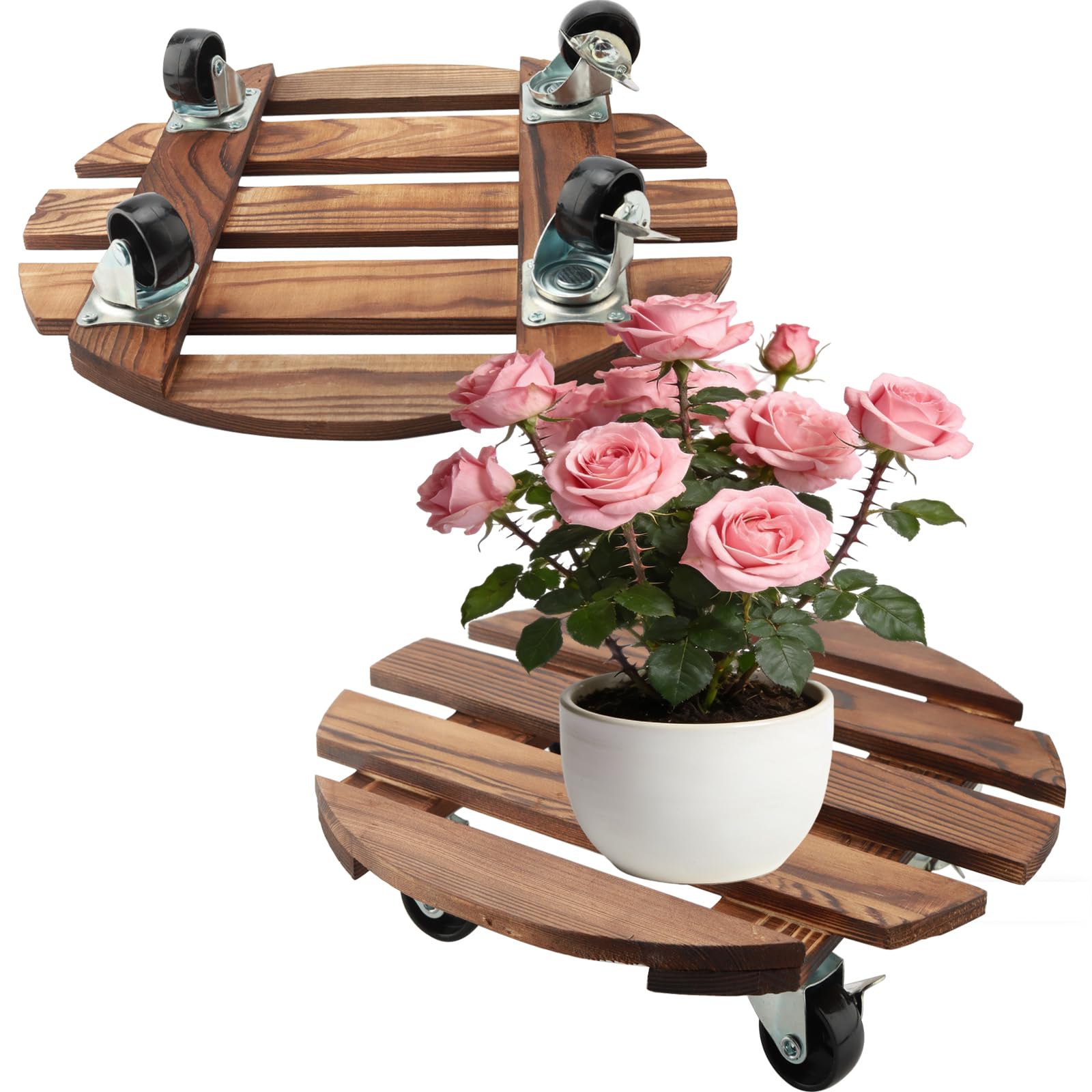 DAKFOOK 2 Pack Wooden Plant Caddy with Wheels, 30cm Round Plant Roller with Metal Lockable Caster Wheels, Heavy Duty Rolling Plant Stand for Outdoor Indoor Plant Holder