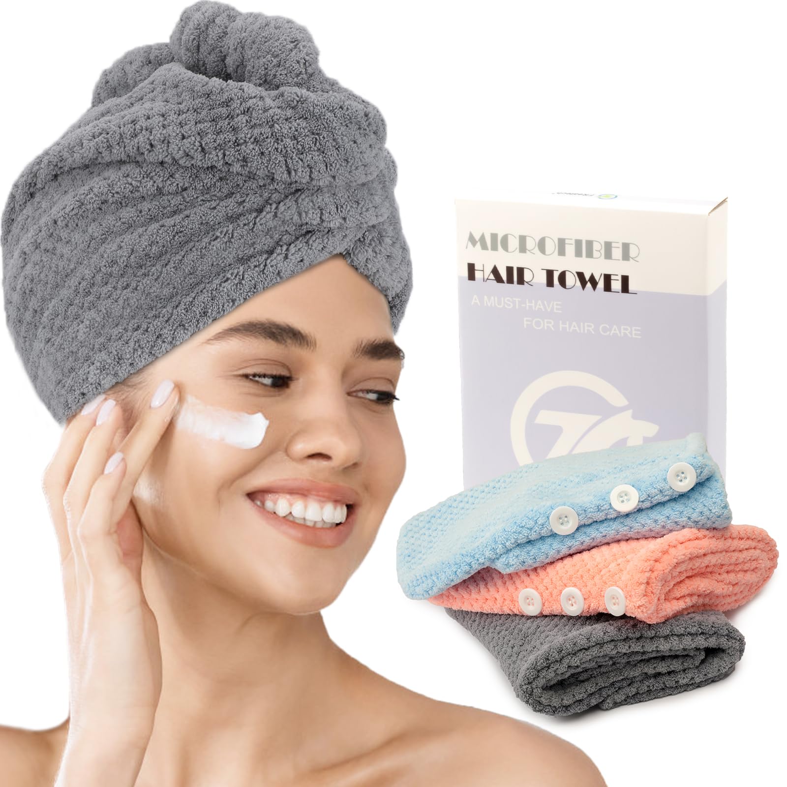 FREATECH 3-Pack Microfibre Hair Towel Wrap, Anti-frizz Turbans, Super Absorbent and Soft Hair Drying Towel with 3 Adjustable Buttons for Women Men Kids Wet Curly Long Plopping