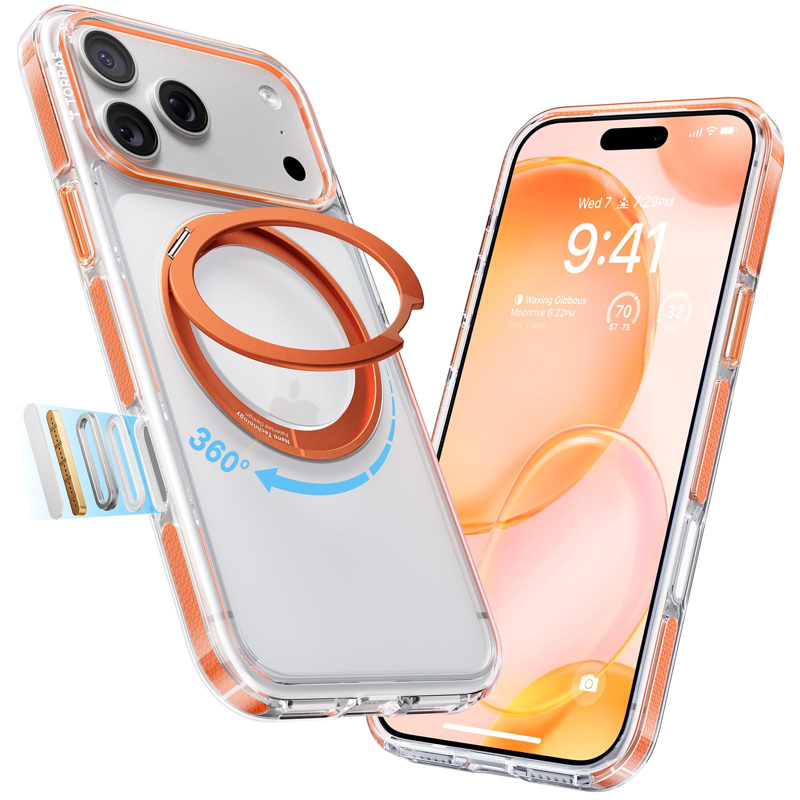Photo 1 of TORRAS 360 Magnetic Stand for iPhone 17 Pro Max Case, [Fit for MagSafe] [Military-Grade Protection] Slim Case for iPhone 17 Pro Max 6.9" 2025, Clear-Orange, Ostand O3 Fitness Series