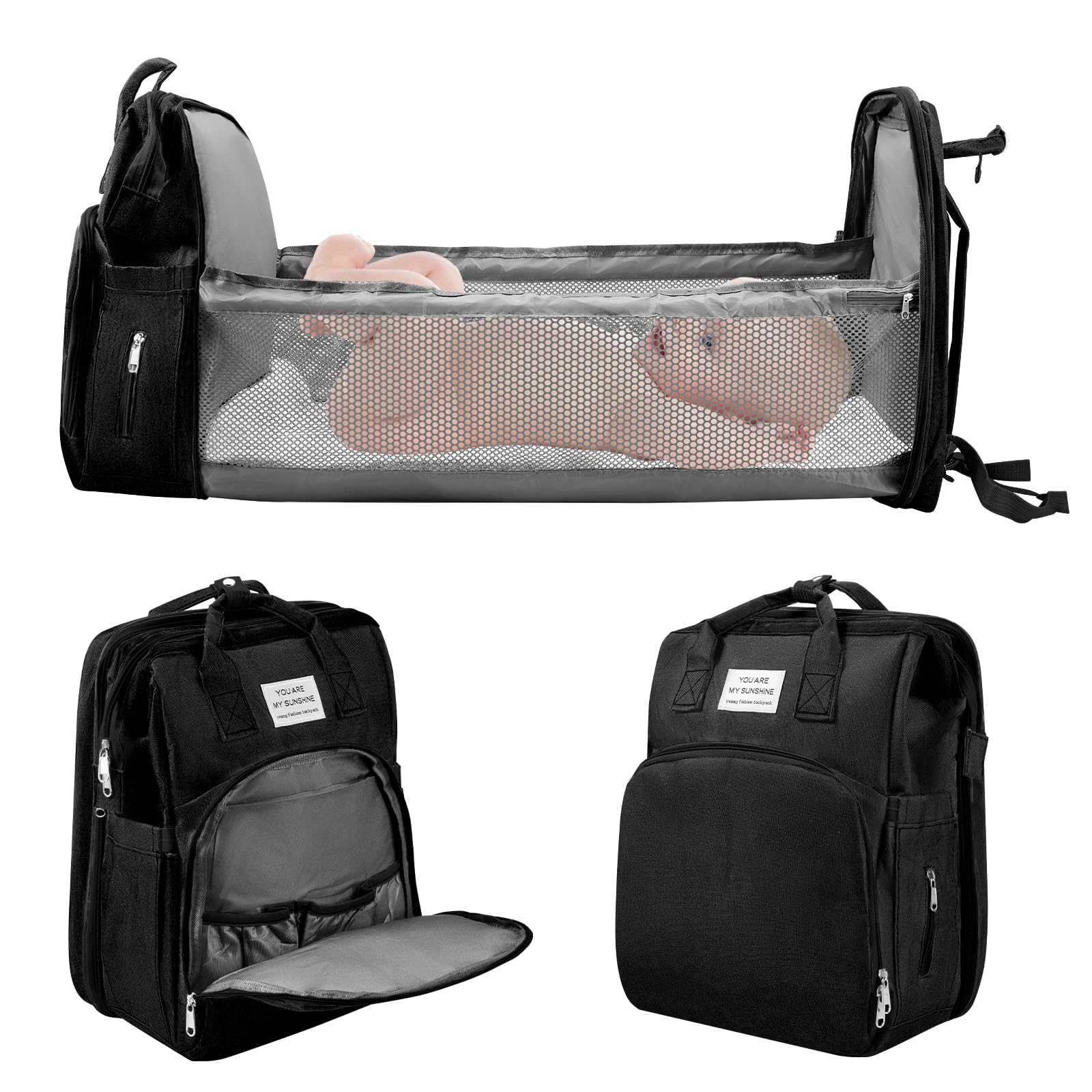 Jalann Baby Changing Bag, Nappy Changing Bag with Changing Mat, Large Capacity Baby Bags for Mum, Waterproof Portable Changing Bags Backpack with Foldable Cot Bed, Stroller Straps for Travel (Black)
