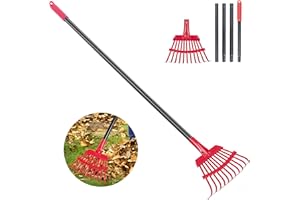 SURPRIZO Garden Leaf Rake with 60 Inch Adjustable Long Steel Handle, 11 Metal Tines 8.8" Wide Garden Rake for Lawns Shrub Debris and Flower Beds