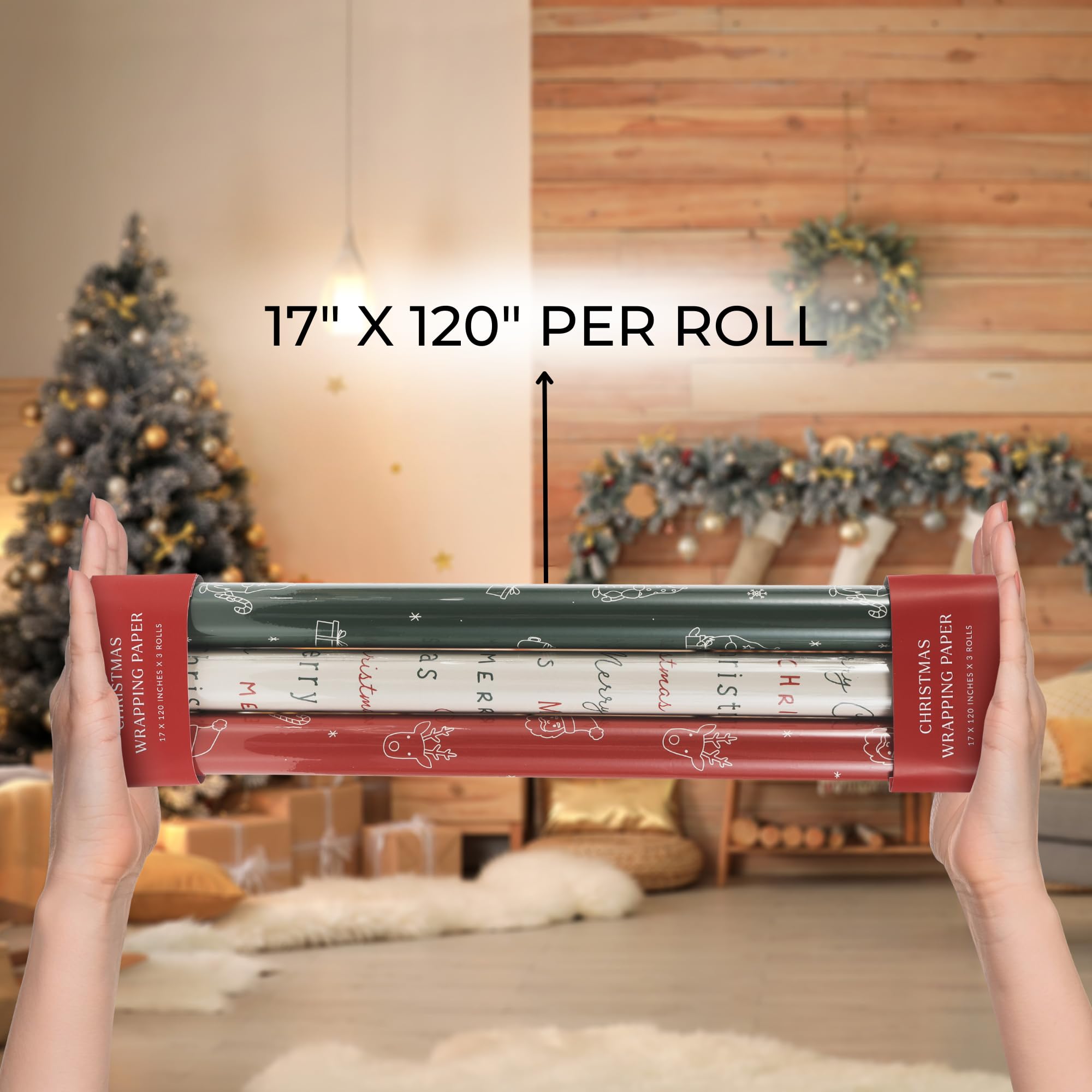 Beautiful Christmas Gift Wrapping Paper Rolls For Small & Medium Size Gifts - Set of 3 Quality Paper Rolls With Cute Designs - Add a Touch of Magic to Every Gift You Wrap - 17 in x 120 in Per Roll