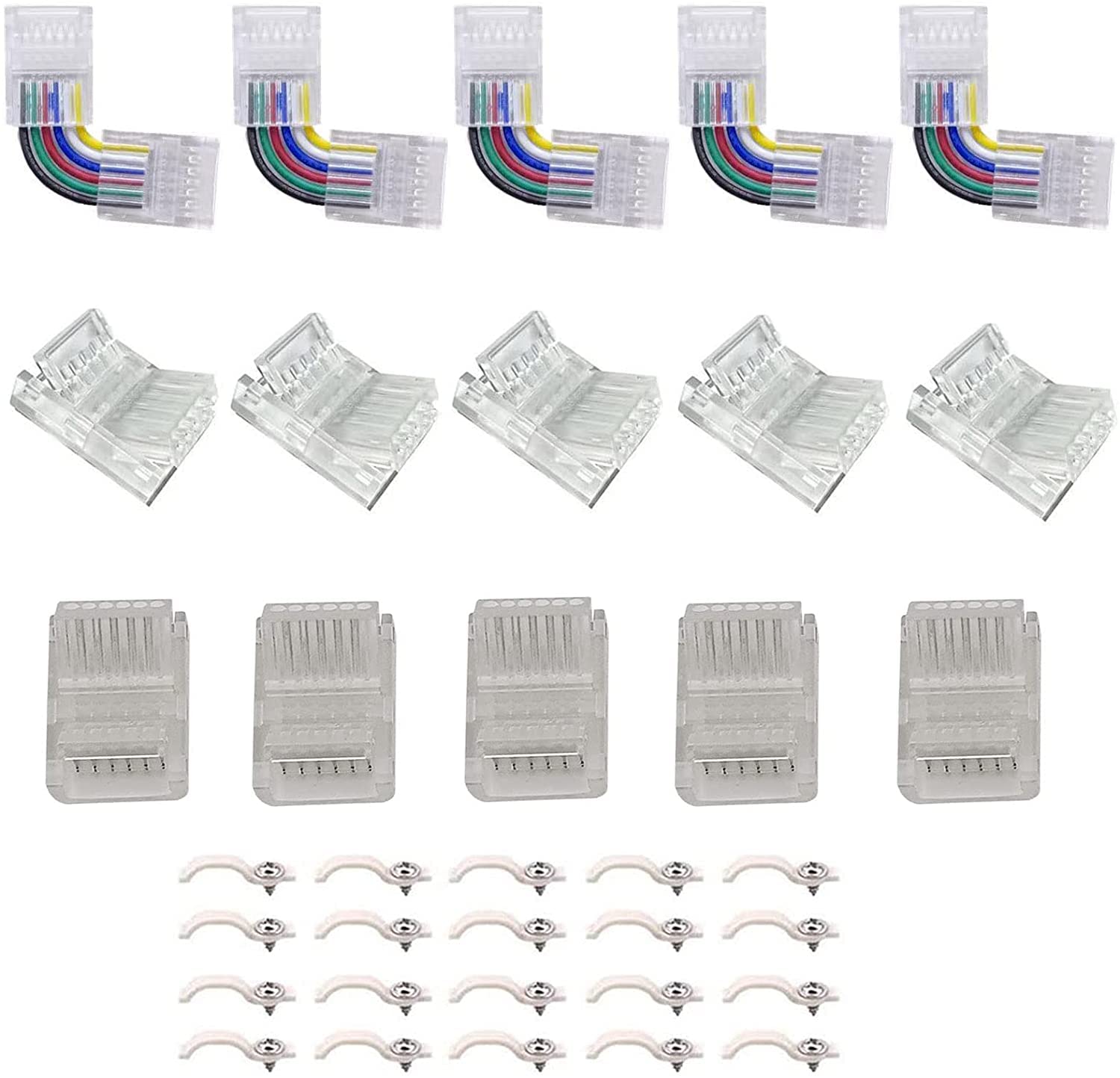 ENQIMAOYI 6pin LED Light Strip Connectors Kit Includes 5X Strip to Wire Connector,5X Strip to Strip Connector,5X L Shape Solderless Connector,20x Mounting Clips for SMD 5050 RGBCCT LED Strip