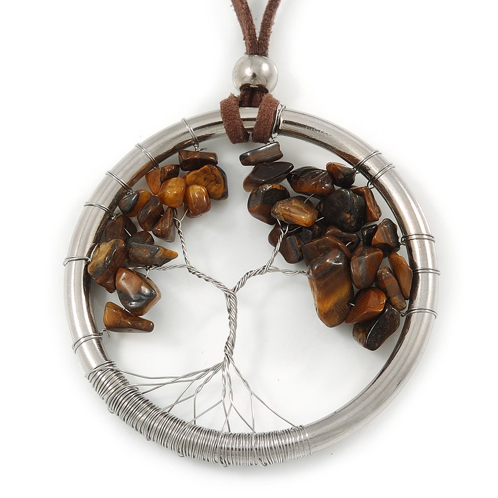 Avalaya Tree Of Life Open Round Pendant with Tiger Eye Stones on Dark Brown Suede Cord/88cm Long