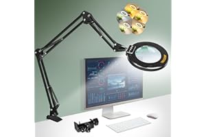 Ultra Long 3-Section Swing Arm 12X Magnifying Glass with Light and Stand, 4-Way Large Strong Metal Clamp Lighted Magnifier La
