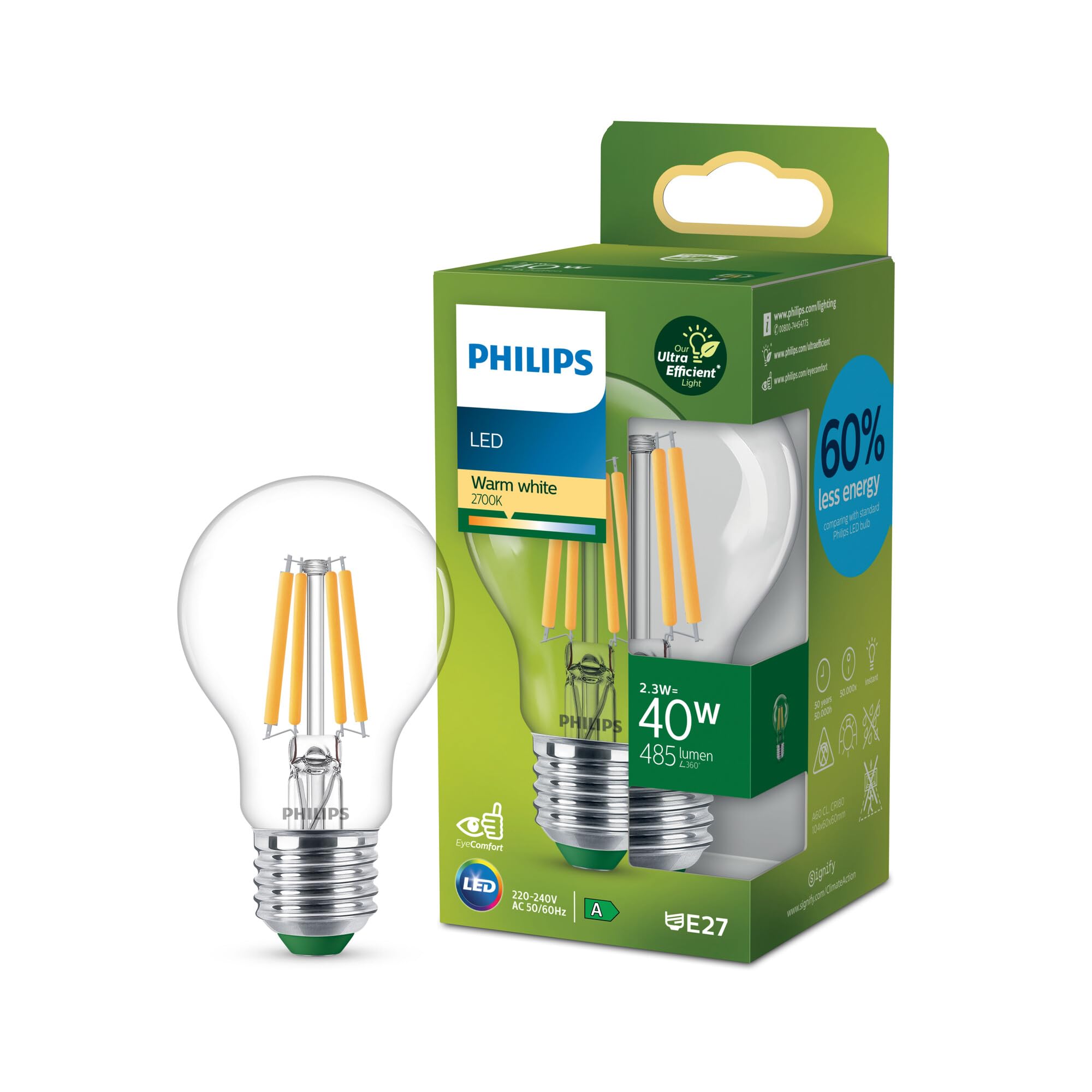 Philips Ultra Efficient - Ultra energy saving lights, E27 LED light source, 40W, A60, warm white, pack of 1, clear — image 1