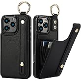 Folosu for iPhone 16 Pro Max Wallet Case with Card Holder, Hand Wrist Strap Loop Holder Kickstand, RFID Blocking Finger Grip Ring PU Leather Double Buttons Shockproof Cover 6.9" Black