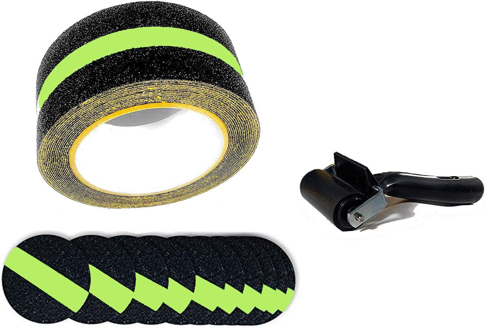 Tacky Stick Anti-Slip Safety Tape With Glow In The Dark Strip + Free Rubber Brayer and 10 Free Anti Slip Dots - Provides Tread and Traction for Dark Spaces, Outdoor or Indoor Stairs 16 feet x 2 inches