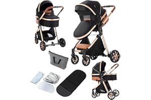 REENBORN 2 in 1 Baby Stroller, Convertible Pram, Reversible Standard Stroller, Portable Baby Buggy, Infant Carriage, Foldable High Landscape Pushchair for Toddler Newborn (225 Black Gold)