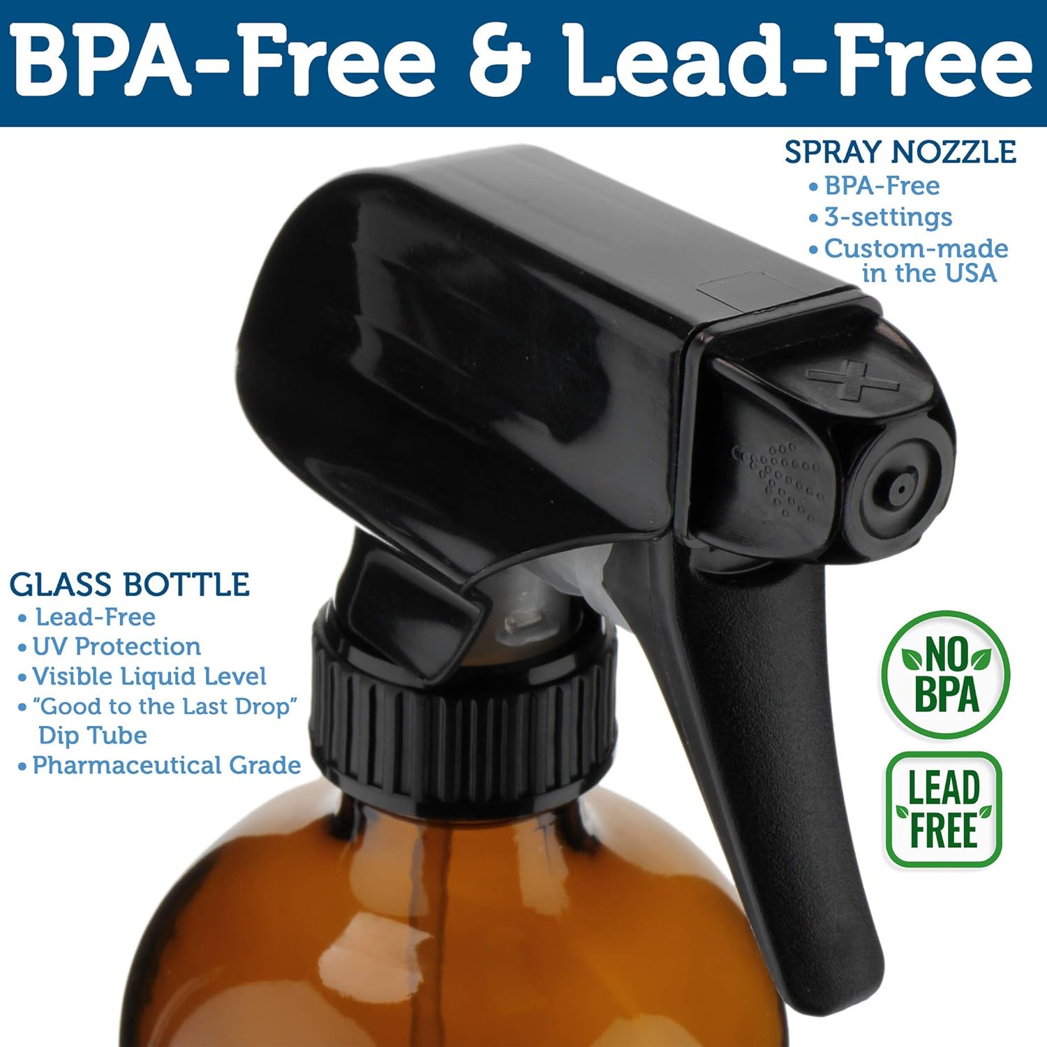 Empty Amber Glass Spray Bottles with Labels (2 Pack) - 16oz Refillable Container for Essential Oils, Cleaning Products, or Aromatherapy - Durable Black Trigger Sprayer w/Mist and Stream Settings: Health & Personal Care